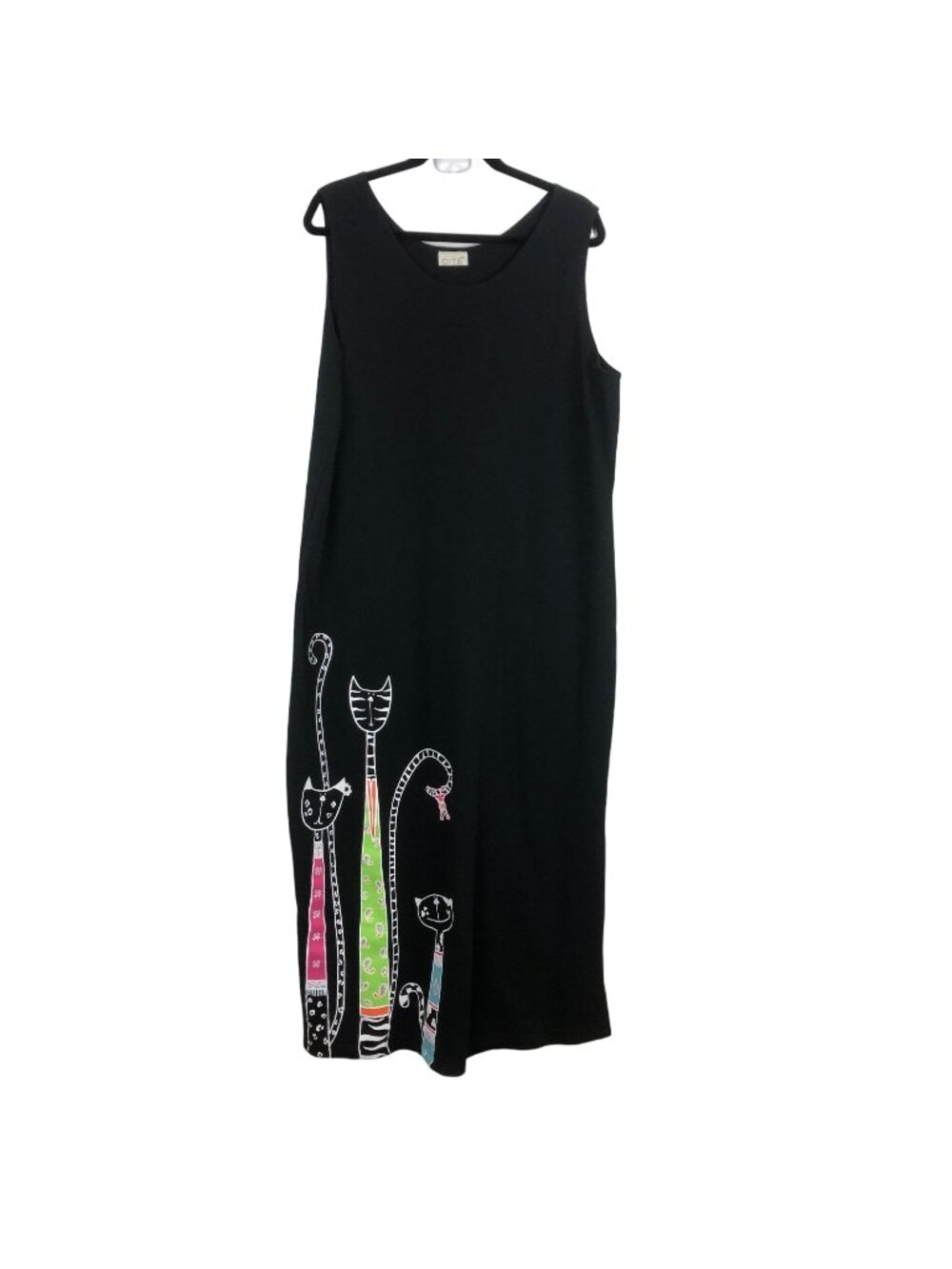 Cite Sleeveless Black Maxi Dress Women’s XL Cat Graphic Art Print Whimsy Vtg